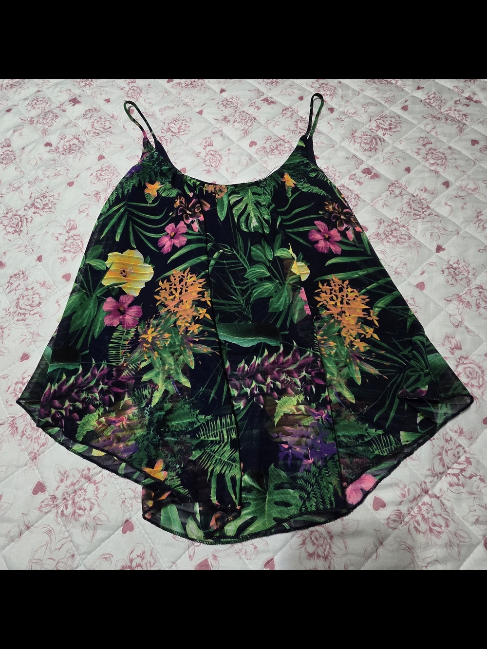 Floral Tropical Print Spaghetti Strap Tank Top - Navy Blue/Green
